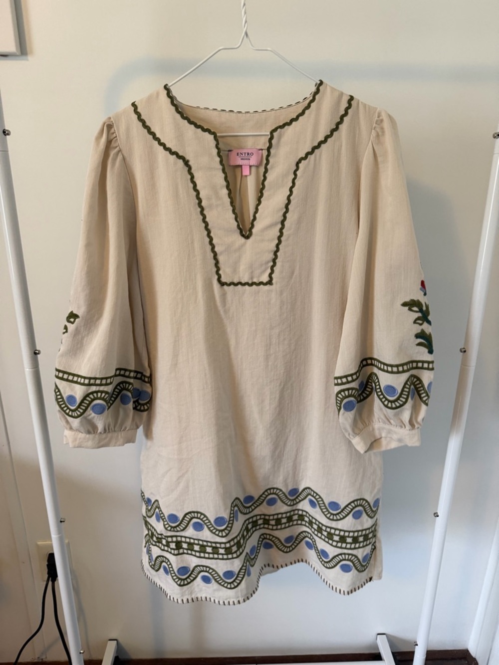 Cream Embroidered Tunic with Olive & Blue Trim
